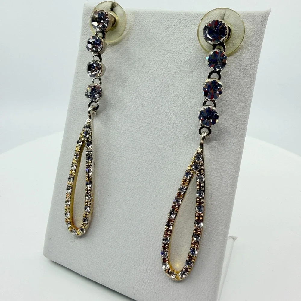 Vintage Gold Tone Dangle Earrings AB Rhinestone Teardrop Open Hoop Statement Y2K